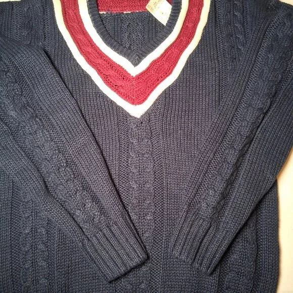 Vintage 90s Stefano Man Sweater L Blue Maroon Cable Knit V Neck Academia Preppy - Picture 11 of 14